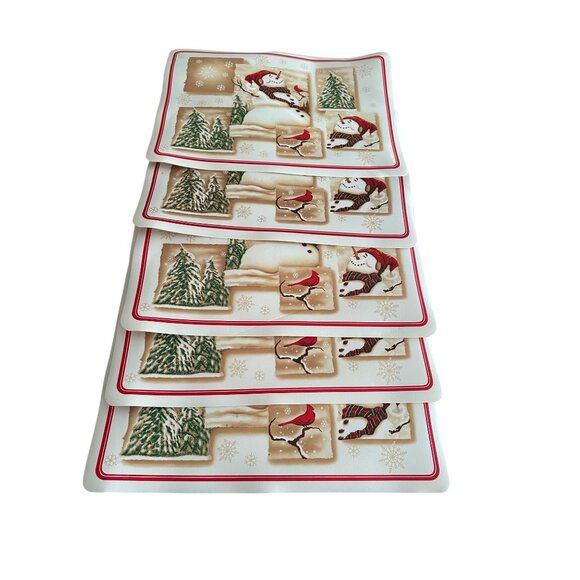 Vintage Holiday Time Snowman Vinyl Placemats Set Of 5 Snowman Christmas Tree - Picture 2 of 5